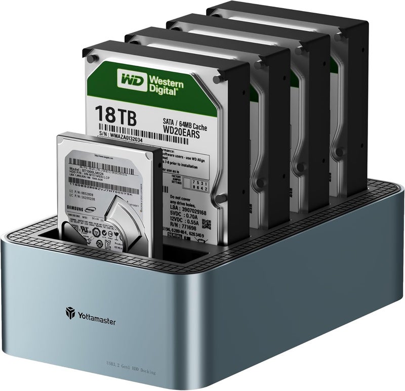 Yottamaster 5 Bay Hard Drive Docking Station Aluminum for 2.5''/3.5'' SATA SSD/HDD, USB 3.2 Gen1 Hard Drive Cloner Duplicator, Supports UASP and Up to 90TB (5x18TB) for 1-to-4 Offline Cloning (KB500) - Image 1